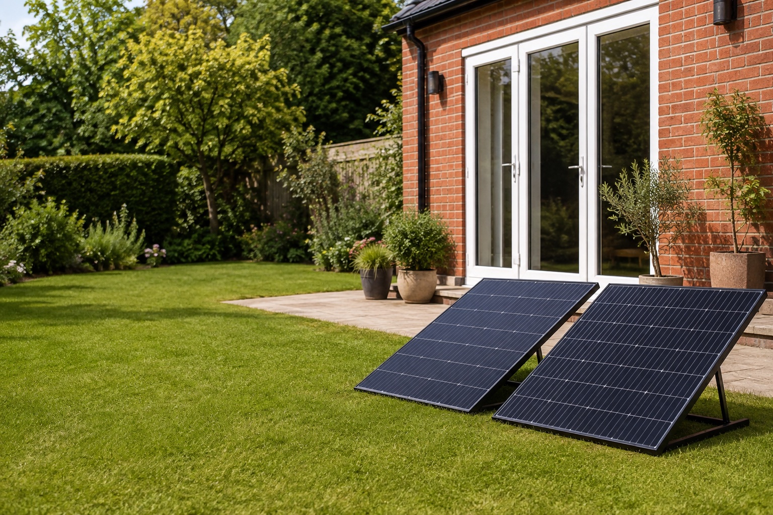 Two small solar panels on stands in a British garden, an illustrative setup
